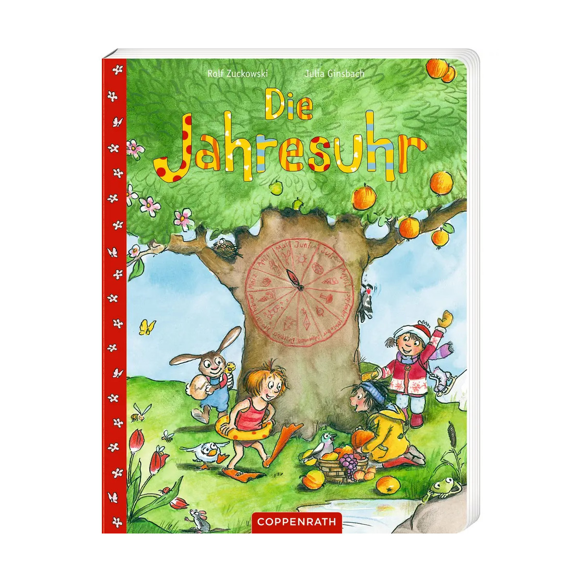 Buntes Kinderbuchcover: Kinder und Tiere um einen Baum, Titel „Die Jahresuhr“.