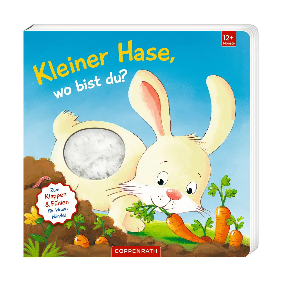 Illustriertes Kinderbuch mit einem Hasen, der eine Karotte zieht, und flauschigem Fühlbereich auf dem Cover.