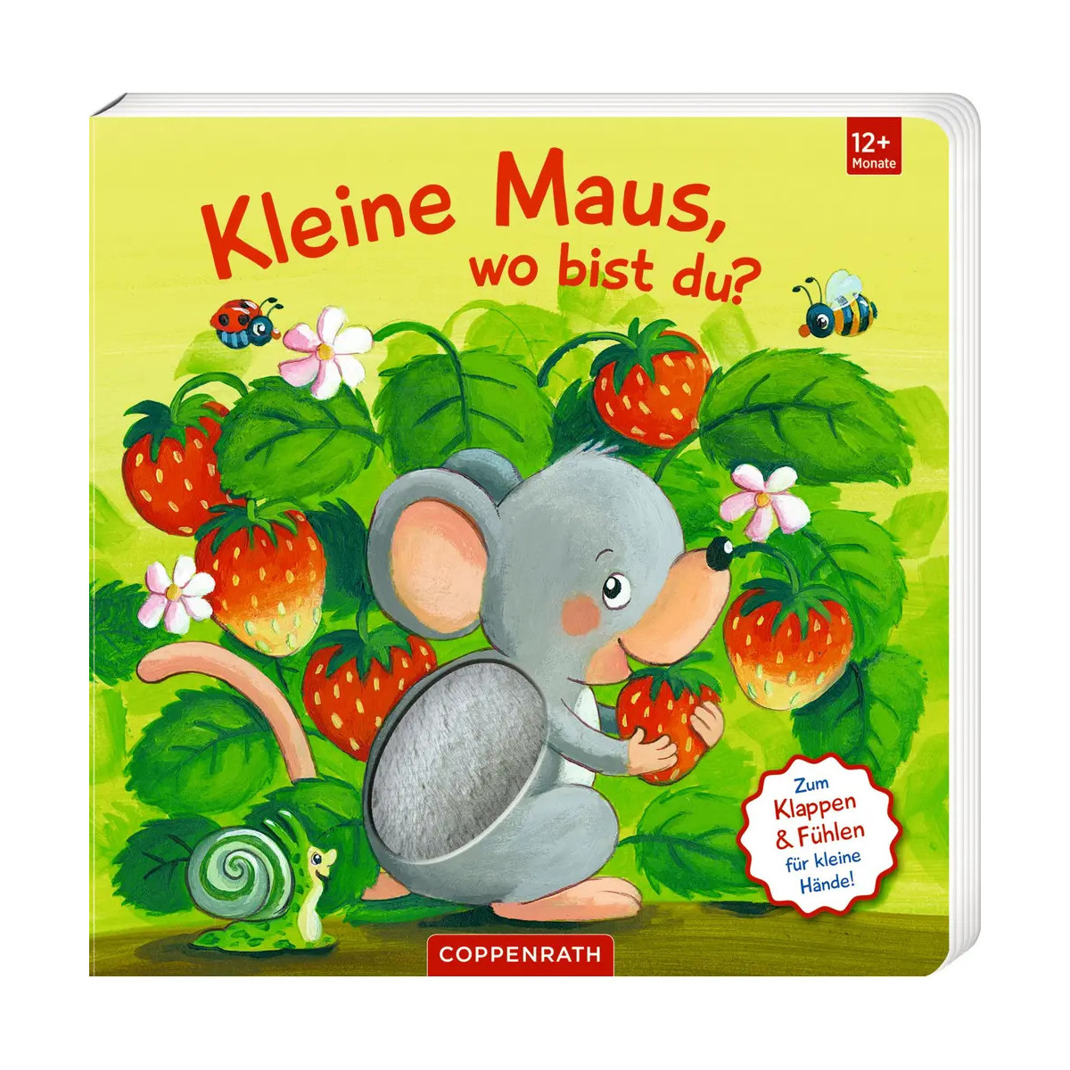 Graue Maus pflückt Erdbeeren, eine Schnecke ist dabei. Text: Kleine Maus, wo bist du?.