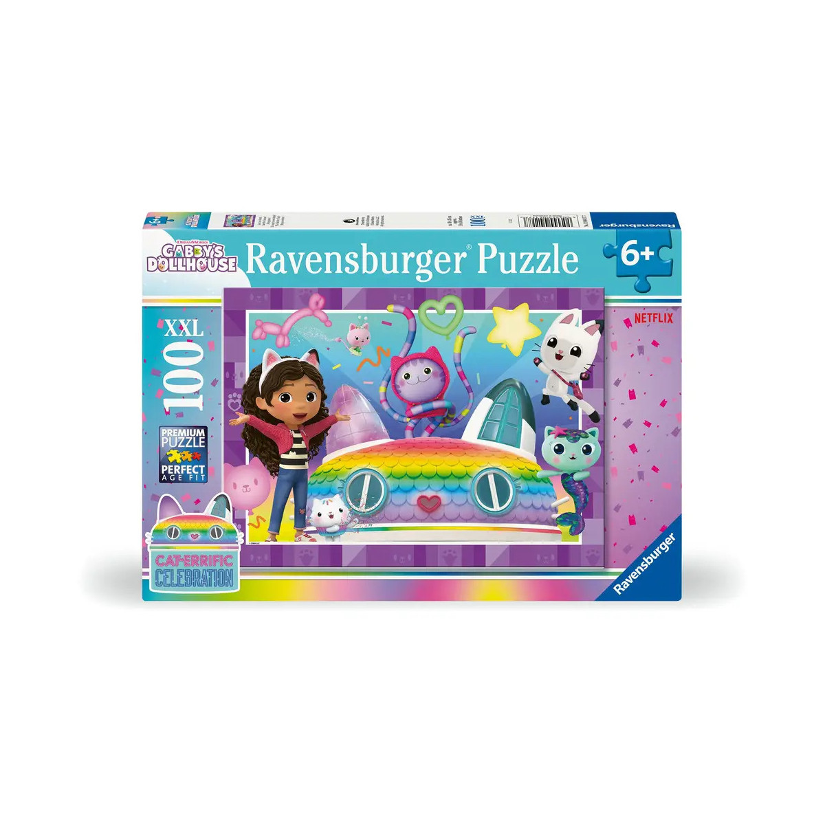 Ravensburger Gabby’s Dollhouse Puzzle mit 100 Teilen, buntem Auto und Cartoon-Charakteren.
