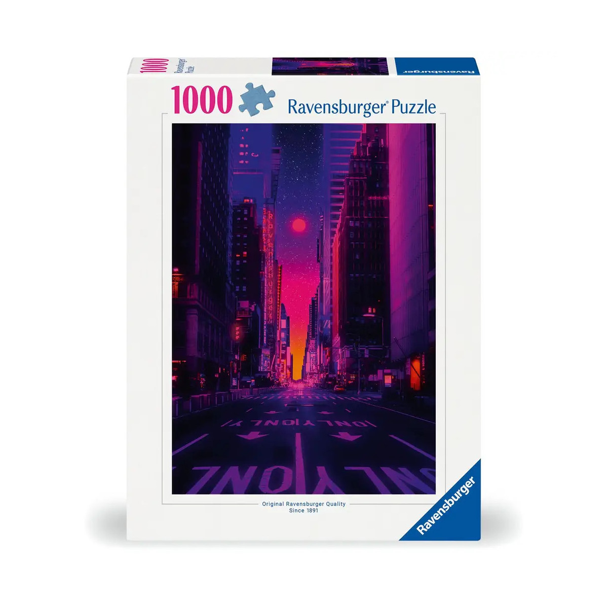 Ravensburger 1000 Teile Puzzle mit Neon-Stadtbild in Pink-, Lila- und Blautönen.