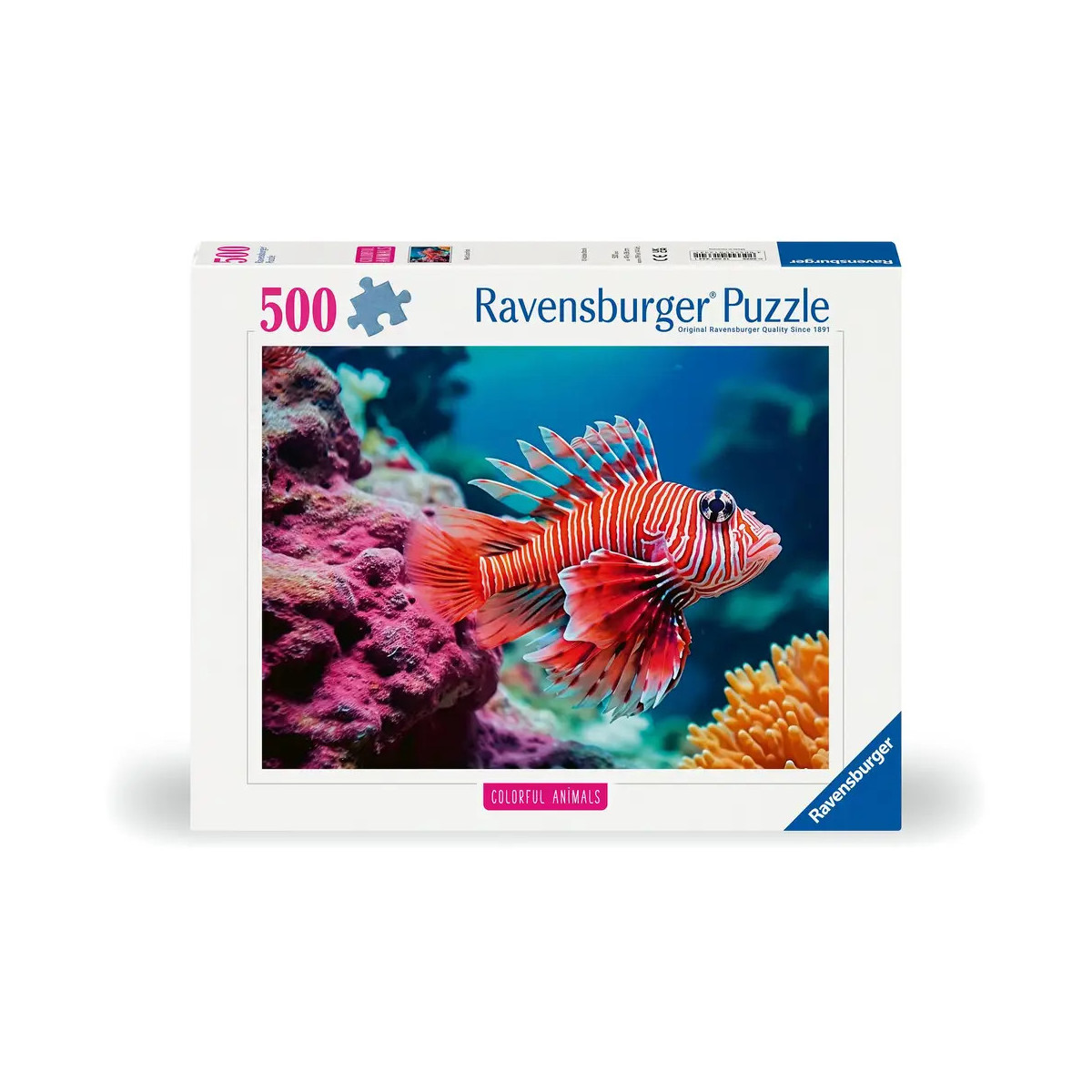 500-teiliges Ravensburger Puzzle mit einem bunten Rotfeuerfisch nahe eines Korallenriffs.