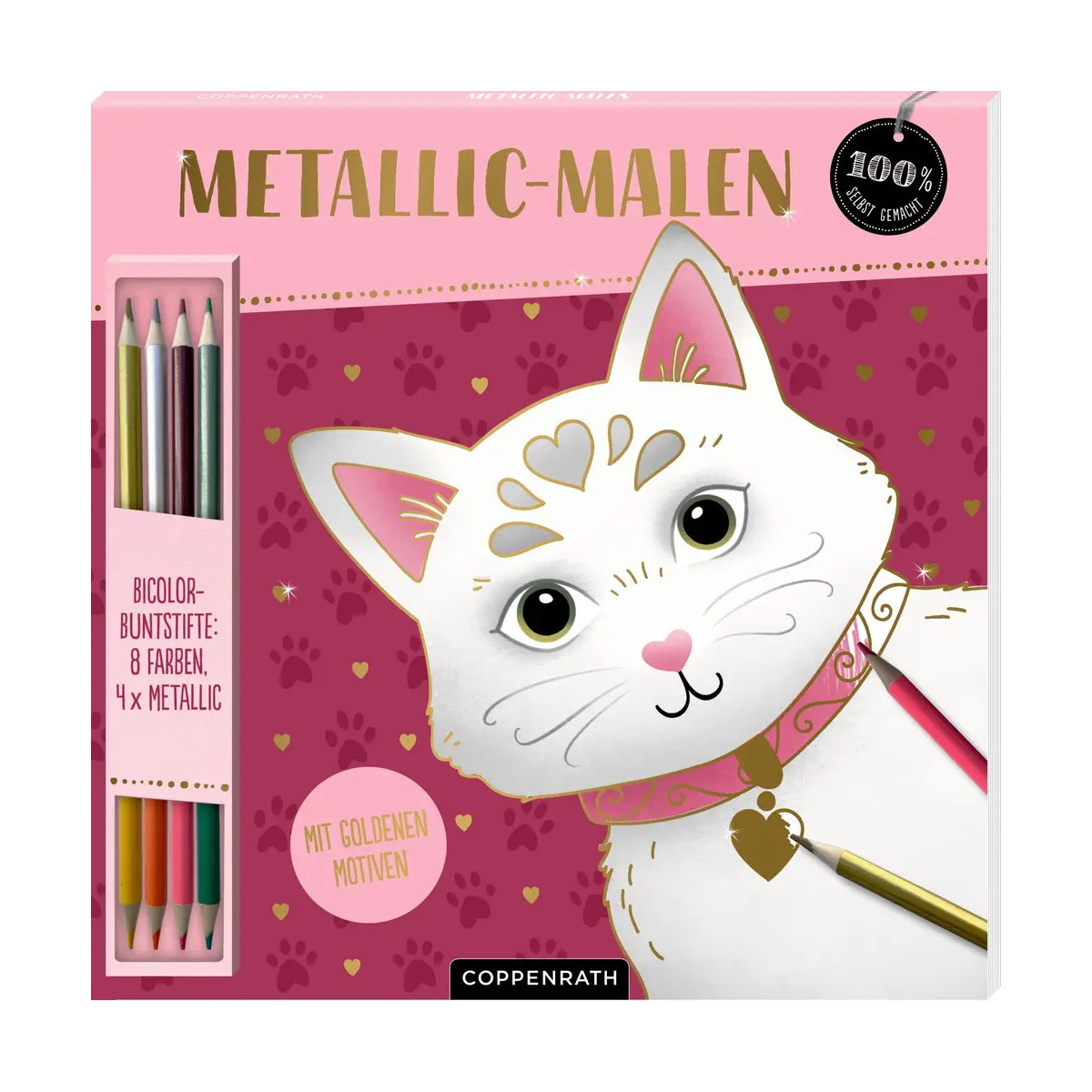 Box mit weißer Katzenillustration und acht Farbstiften, beschriftet als Metallic-Malen.