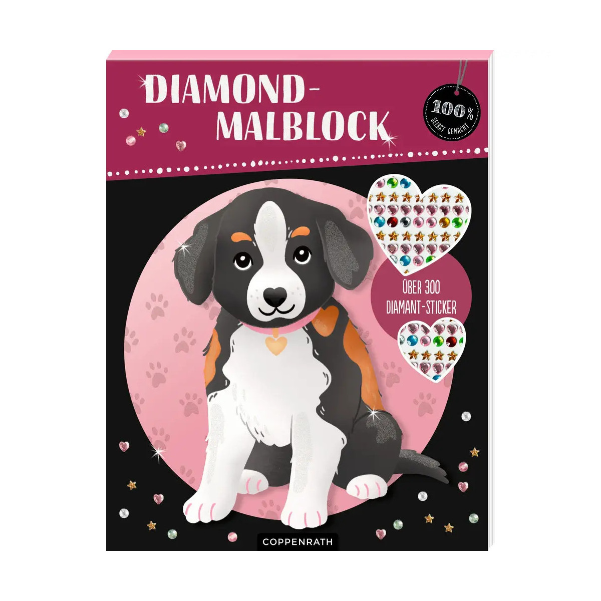 Illustrierte Welpe auf rosa-schwarzem Zeichenblock mit Diamantstickern und Pfotenabdrücken auf dem Cover.