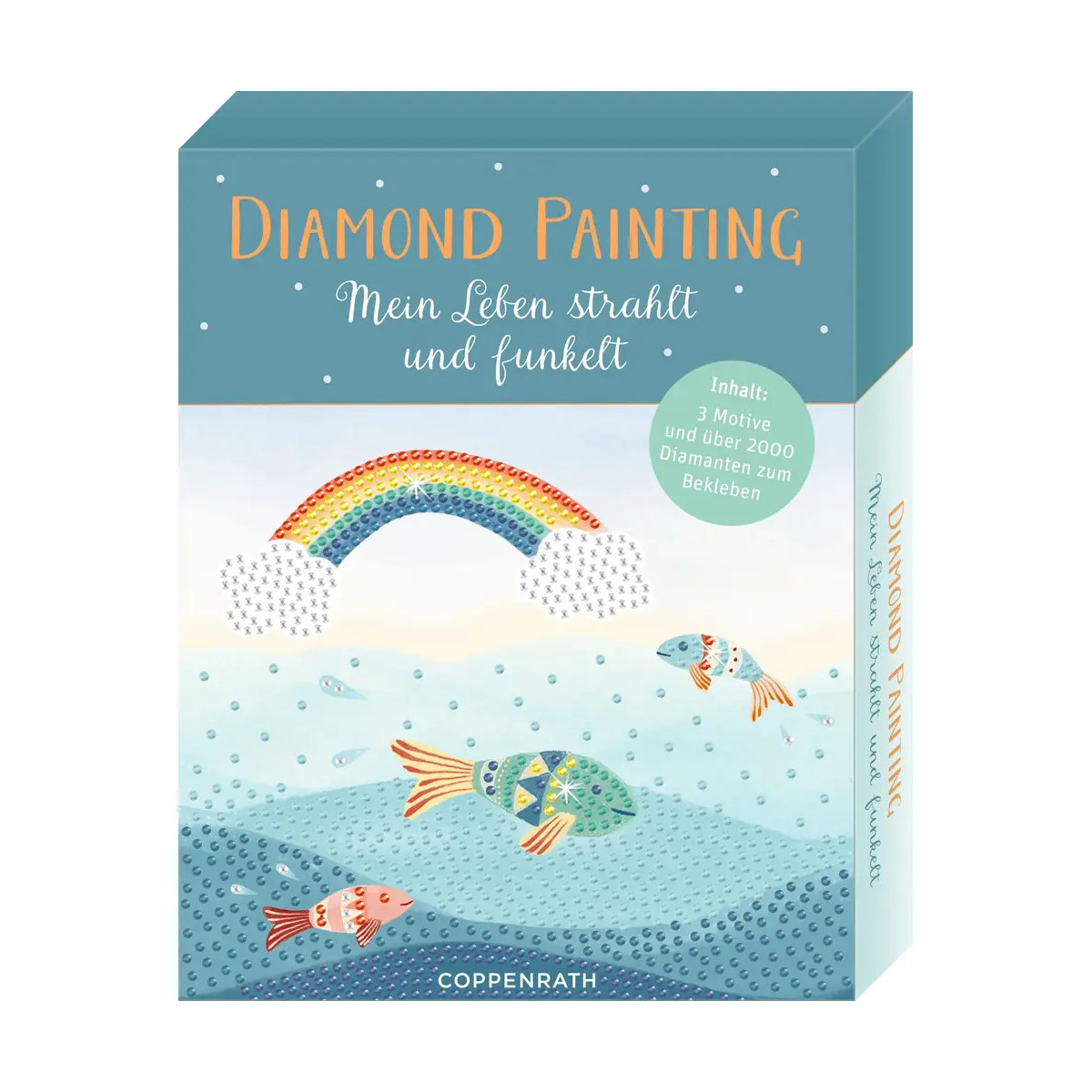 Diamond Painting Set mit Regenbogen-, Wolken- und Fischmotiv, deutscher Aufschrift und blauem Hintergrund.