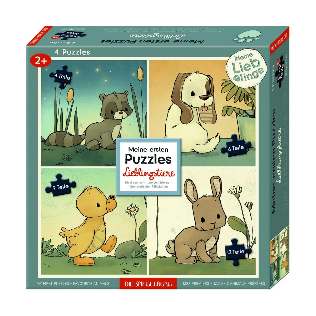 Vier Tierpuzzles für Kleinkinder mit Abbildungen von Waschbär, Hund, Ente und Kaninchen in einer Box.