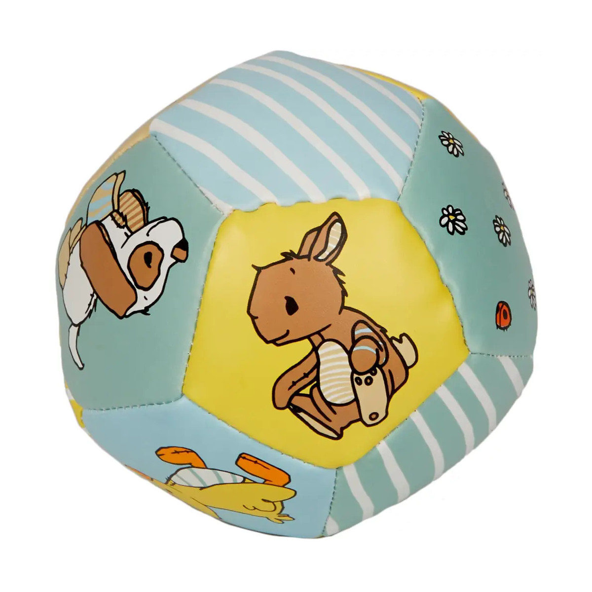 Weicher Ball mit Tiermotiven wie Hase und Hund in Pastellfarben Blau, Gelb und Weiß.