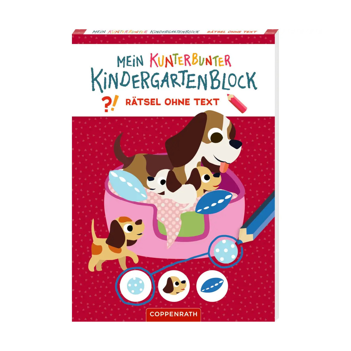 Verspielte Welpen im Kinderwagen zieren das bunte Cover eines deutschen Kinderpuzzle-Buchs.