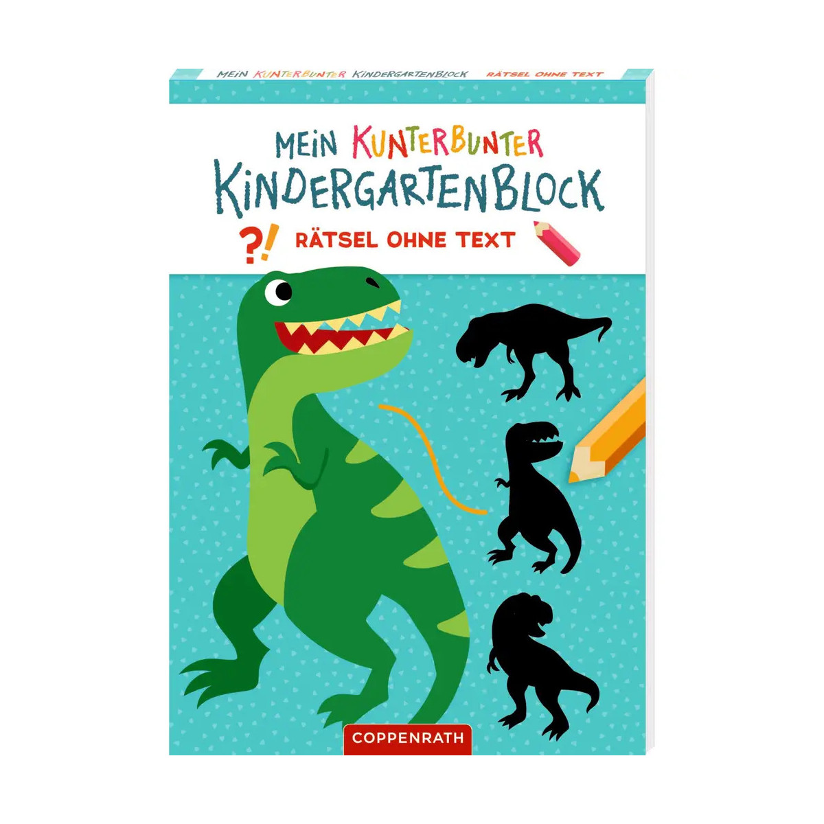 Kindergarten-Puzzlebuch mit farbenfrohem Dinosaurier-Motiv: großer grüner Dino und drei schwarze Silhouetten.