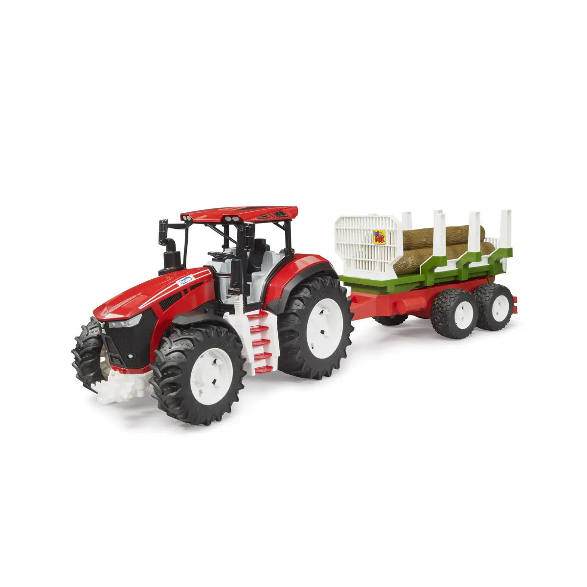 Roter Spielzeugtraktor mit großen schwarzen Rädern zieht grünen und roten Anhänger mit Holzstämmen und weißer Kiste.