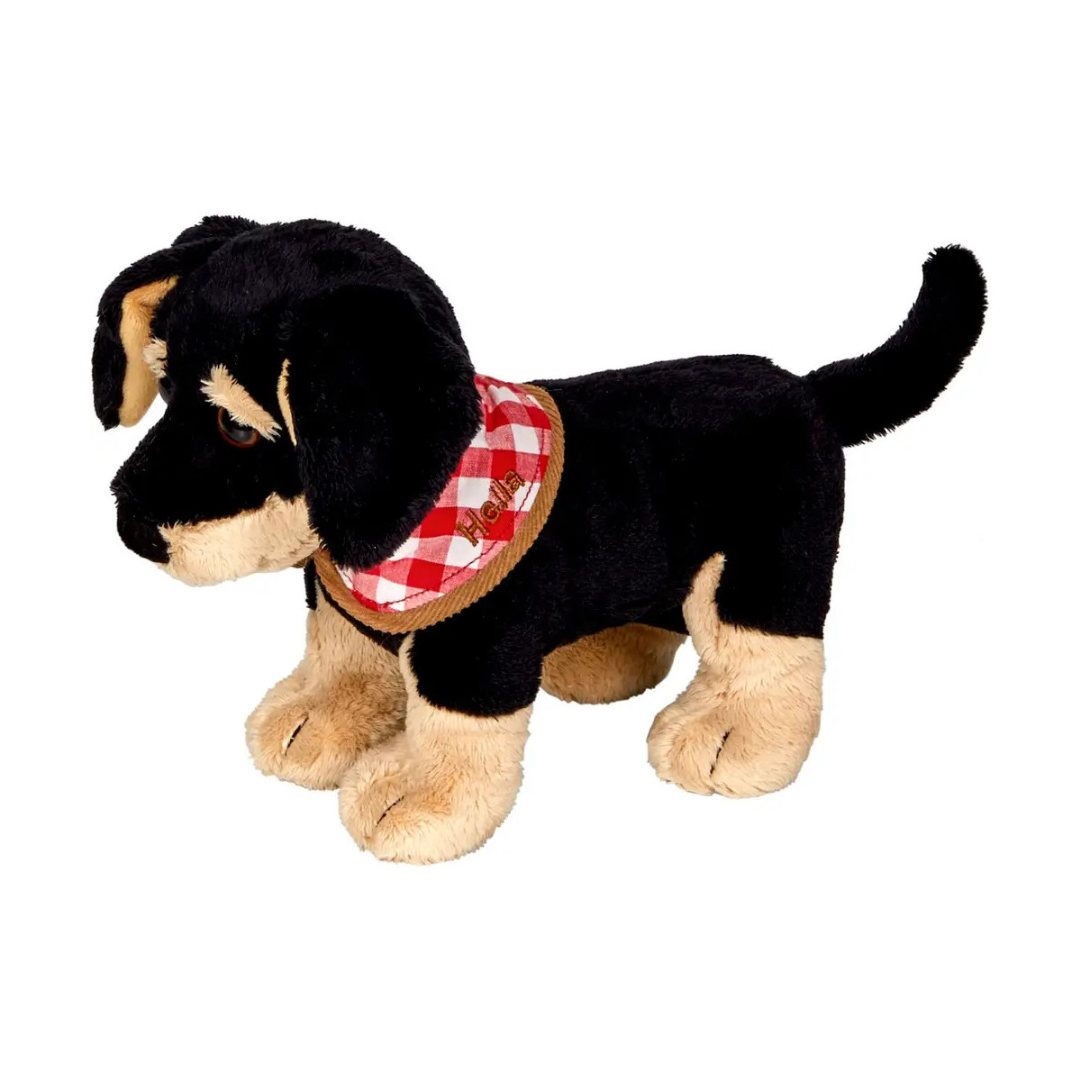 Plüschhund in Schwarz-Braun mit rot-weiß kariertem Halstuch steht auf allen vieren.