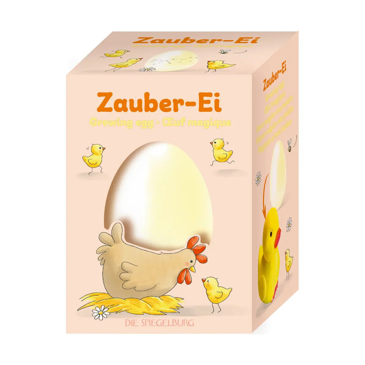 Zauber-Ei Karton mit Abbildungen von Henne, Küken und großem Ei auf der Verpackung.