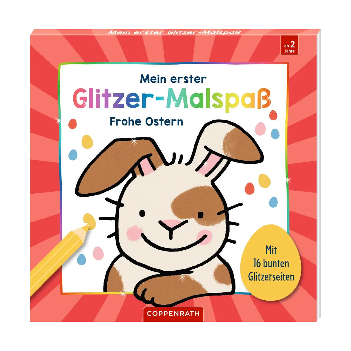 Buntes Malbuch-Cover zu Ostern mit lächelndem Hasen, Konfetti und dem Titel „Glitzer-Malspaß“.