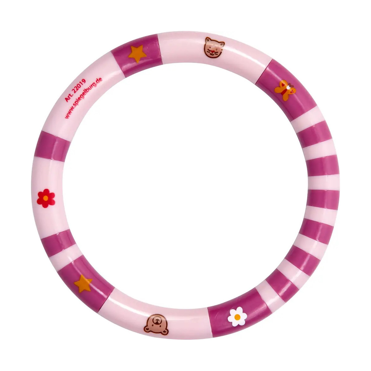 Ring mit rosa-lila Streifen, Tiergesichtern, Sternen und Blumenmustern als Deko-Elemente.
