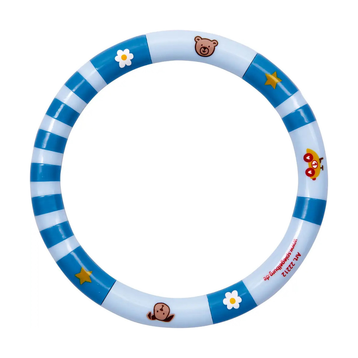 Blau-weiß gestreifter Ring mit Bärenköpfen, Sternen, Blumen und Schmetterlingsmotiv.