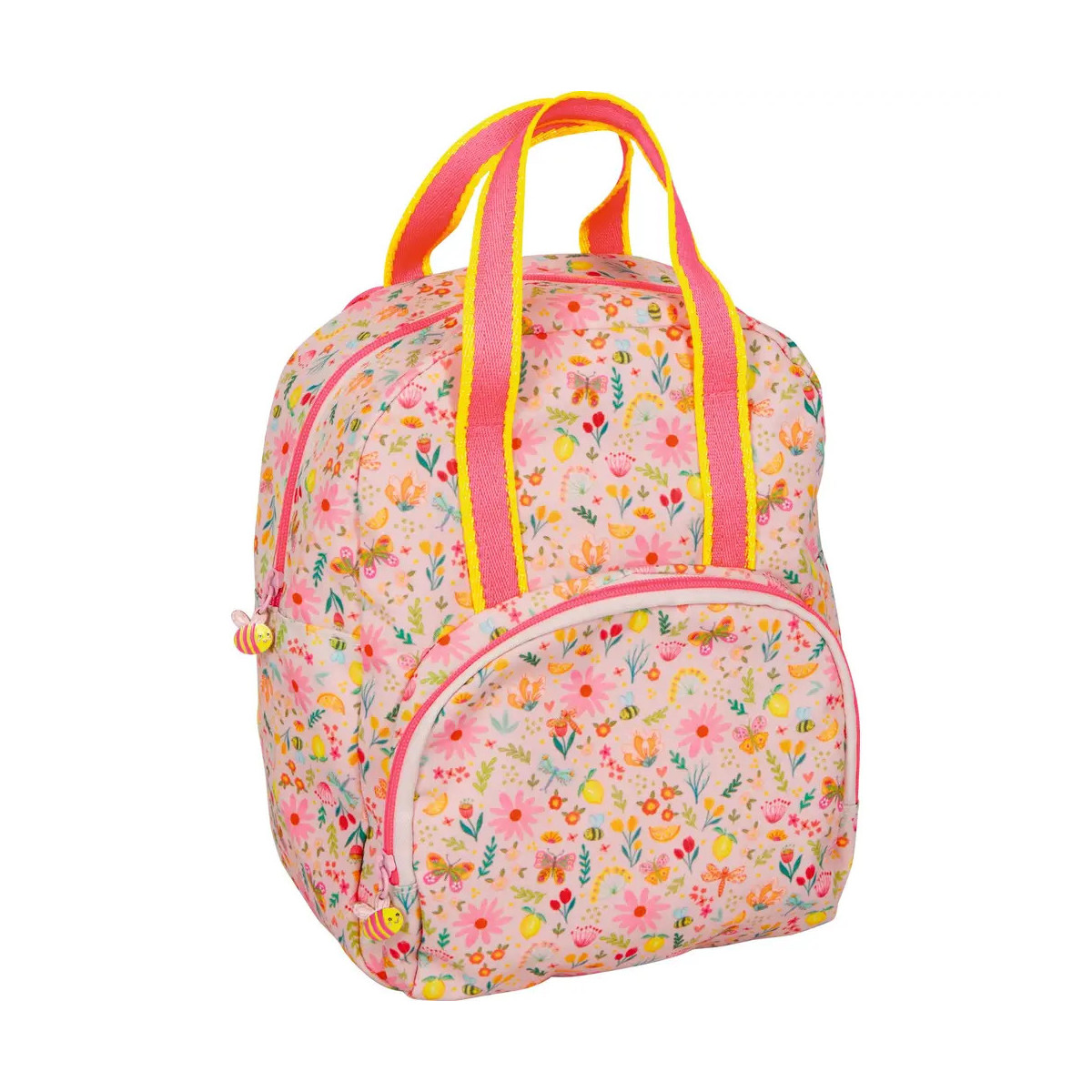 Rosa Rucksack mit Blumenmuster, gelb-pinken Griffen und zwei Fächern mit Reißverschluss.