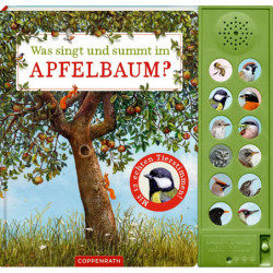 Kinderbuch mit Soundknöpfen und einem Apfelbaum, Vögeln und Insekten auf dem Cover.