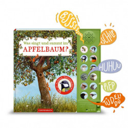 Kinderbuch mit Soundknöpfen und einem Apfelbaum, Vögeln und Insekten auf dem Cover.