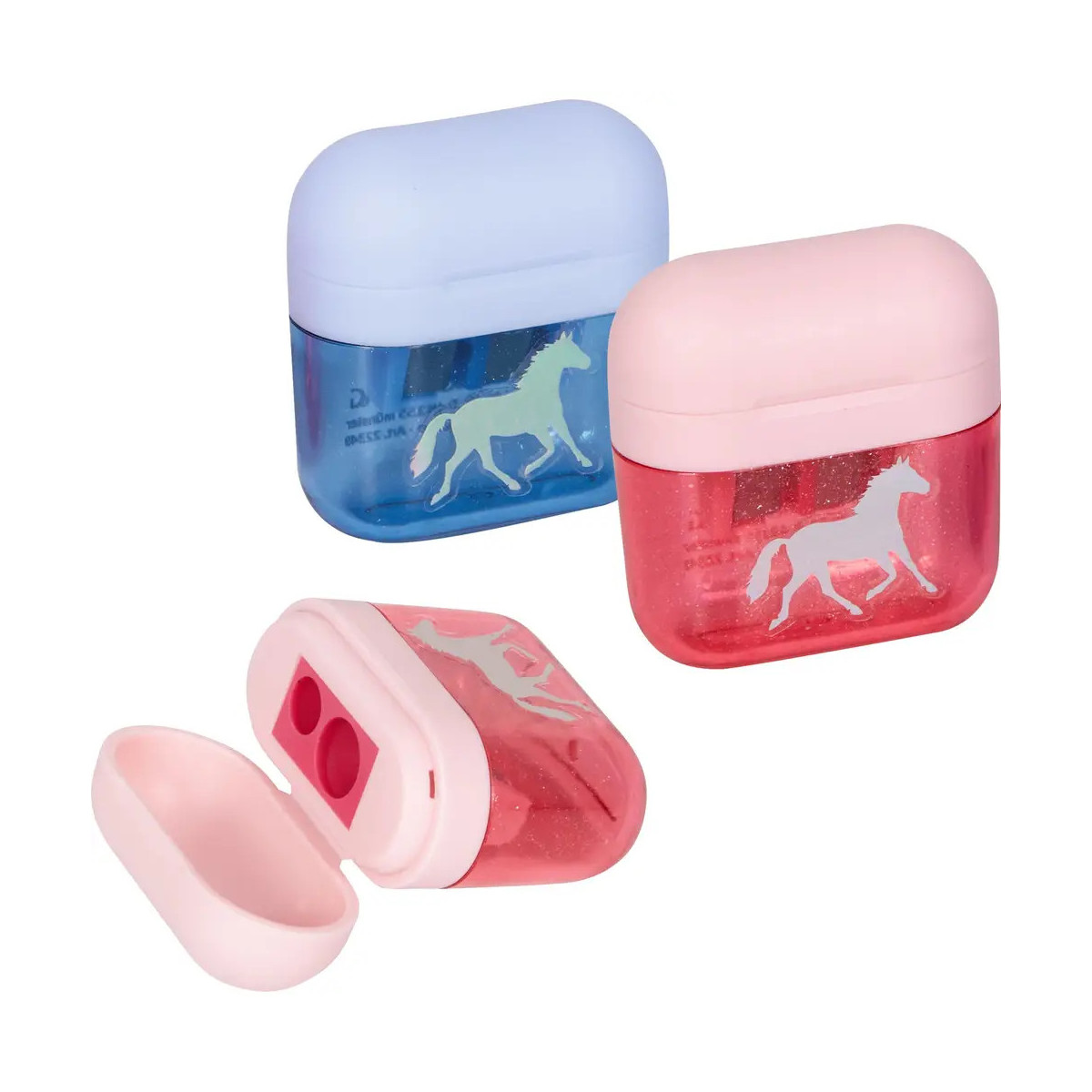 Drei durchsichtige Pferde-Design-Etuis in Blau, Rot und Pink; eines ist geöffnet und zeigt das Innere.