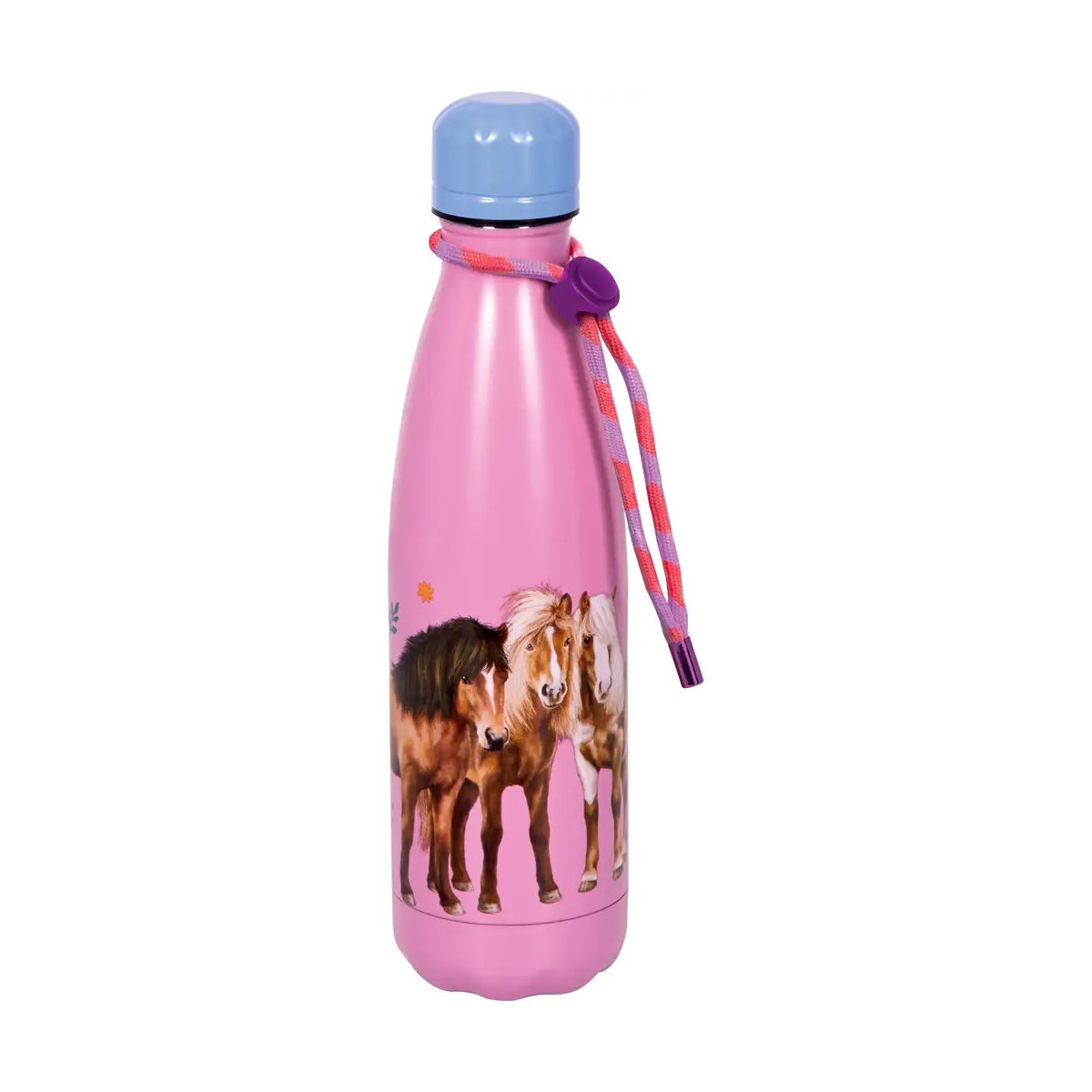 Rosa Trinkflasche mit Bildern von zwei Pferden und rosa-lilafarbenem Riemen am Hals.