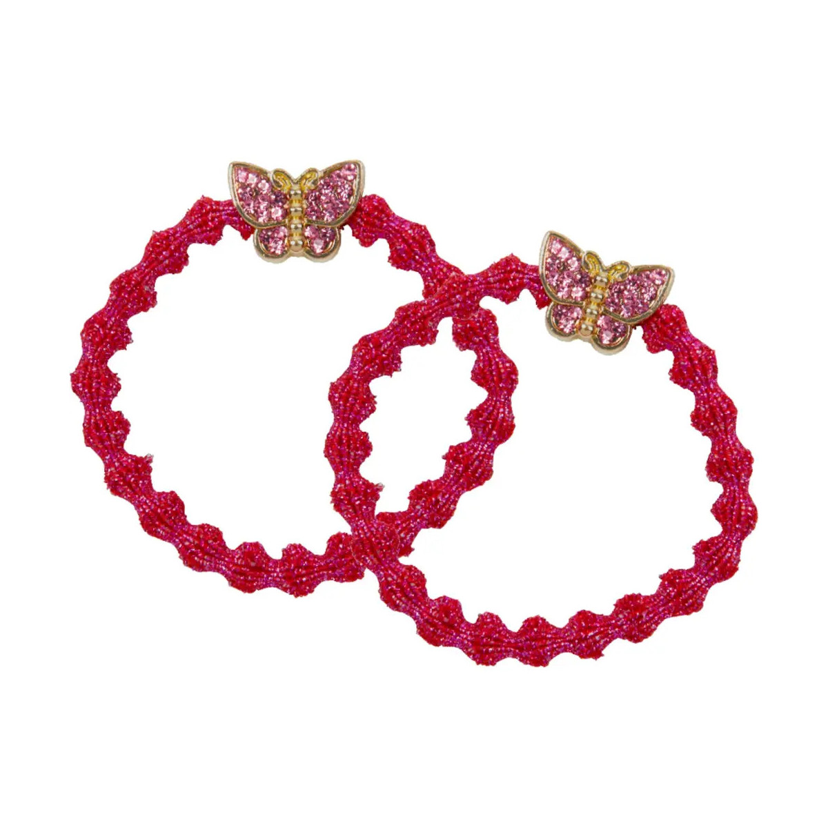Zwei pinke Haargummis mit glitzernden Schmetterlingsanhängern.