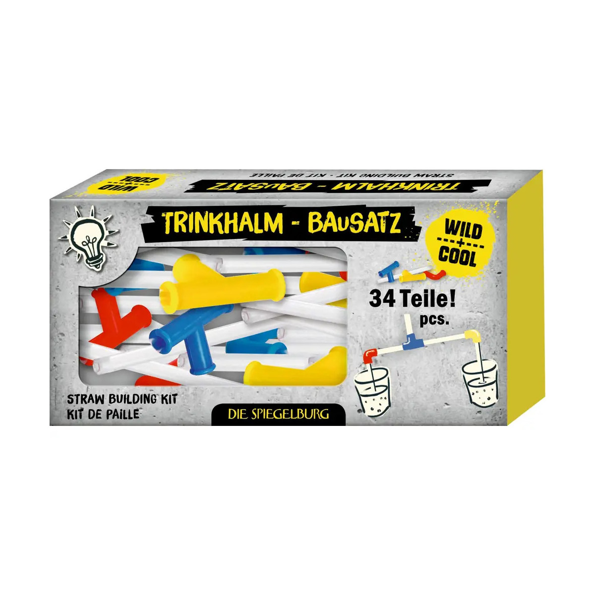 Bausatz mit 34 farbigen Plastikstrohhalmen, beschriftet als TRINKHALM-BAUSATZ.
