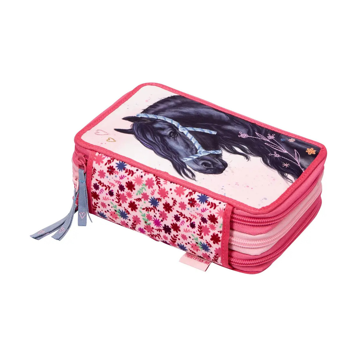 Rechteckiges rosa Etui mit Blumenmuster und Pferdemotiv auf dem Deckel.