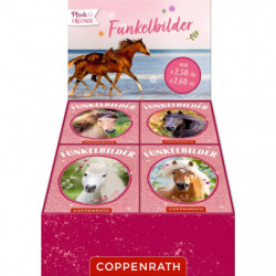 Display-Box mit Funkelbildern: Glitzernde Pferde-Motivkarten mit Fotos von Pferden.