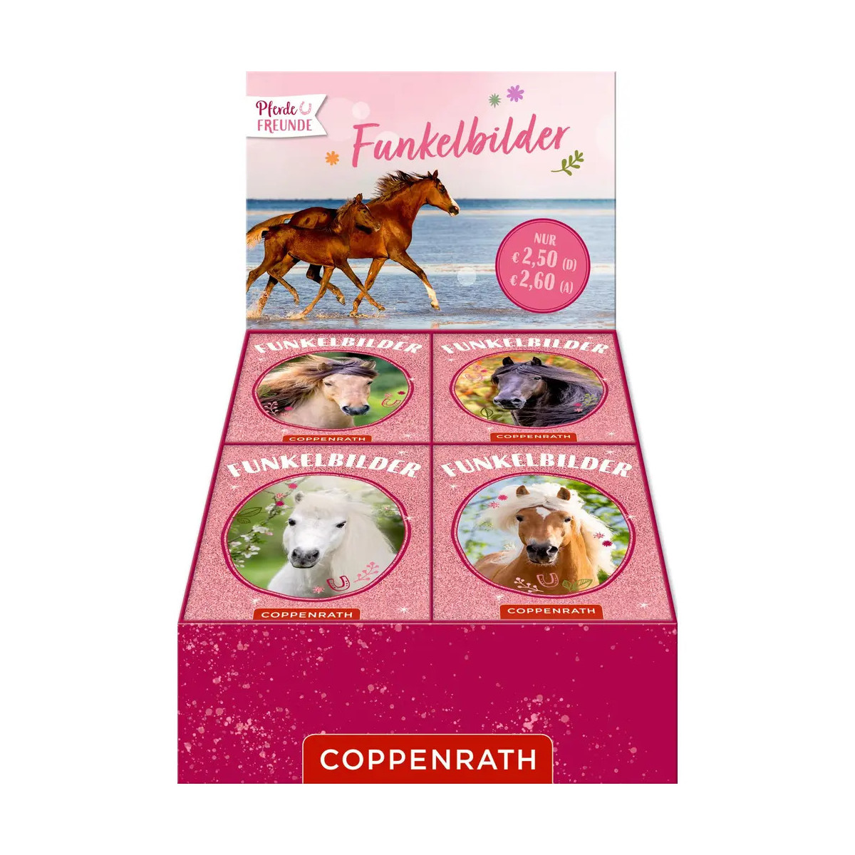 Display-Box mit Funkelbildern: Glitzernde Pferde-Motivkarten mit Fotos von Pferden.