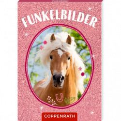 Display-Box mit Funkelbildern: Glitzernde Pferde-Motivkarten mit Fotos von Pferden.