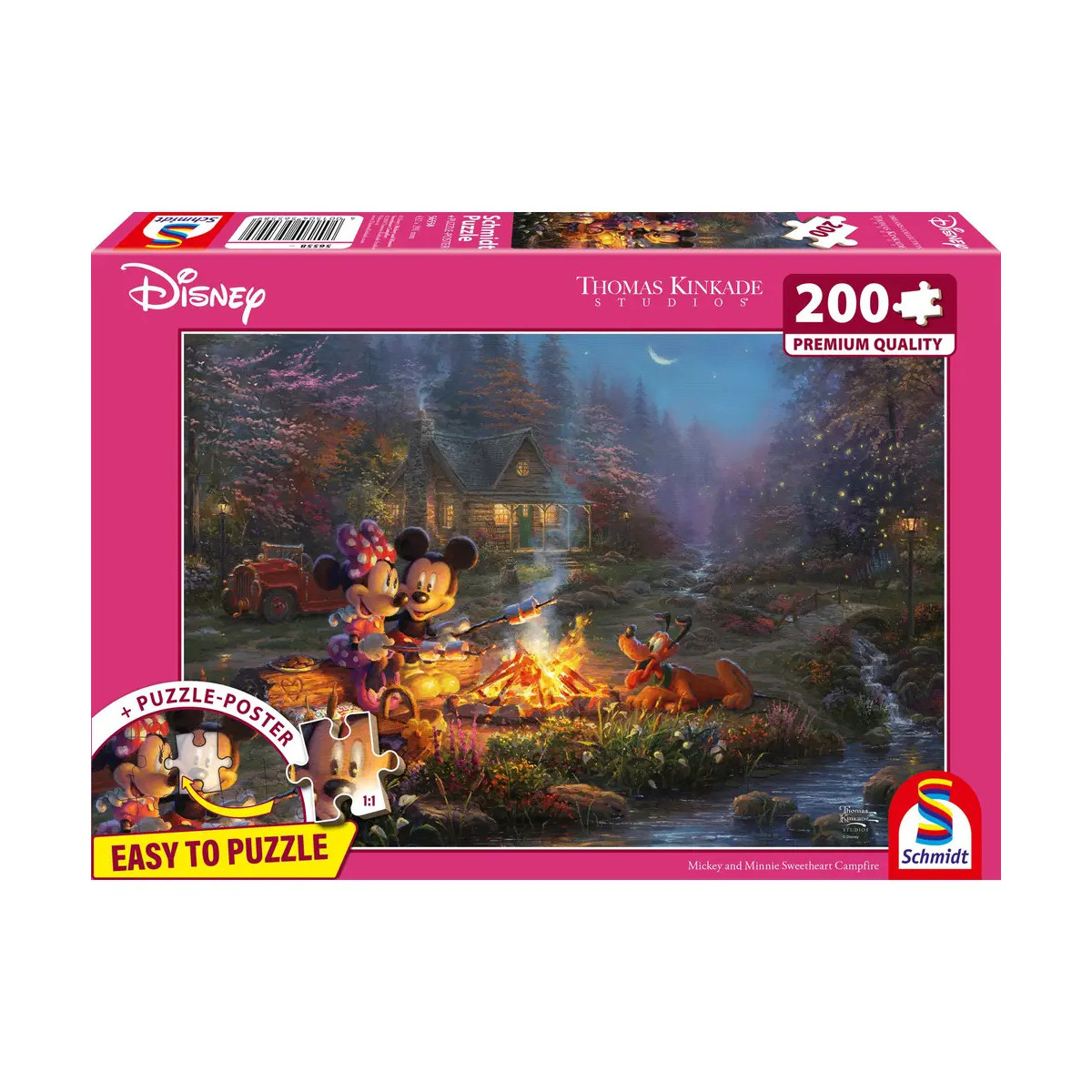 Disney-Puzzlebox mit 200+ Teilen: Mickey & Minnie am Lagerfeuer vor Hütte, Motiv von Thomas Kinkade.