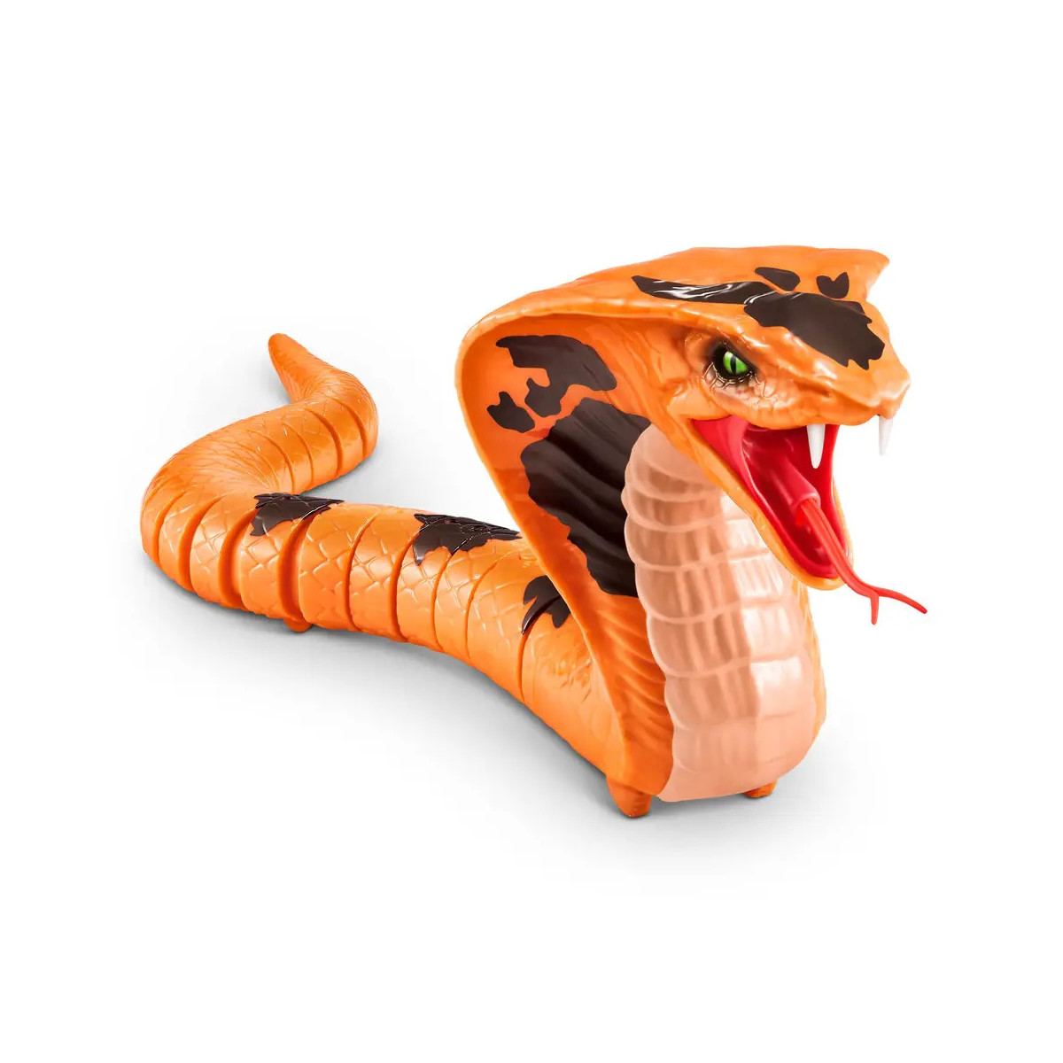 Realistisches Cobra-Spielzeug mit geöffnetem Maul, sichtbaren Giftzähnen und schwarzen Nackenzeichnungen.
