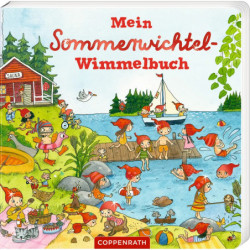img_0:Cover des Mein Sommerwichtel-Wimmelbuchs: Wichtel spielen am See, schwimmen und genießen den Sommer draußen.
