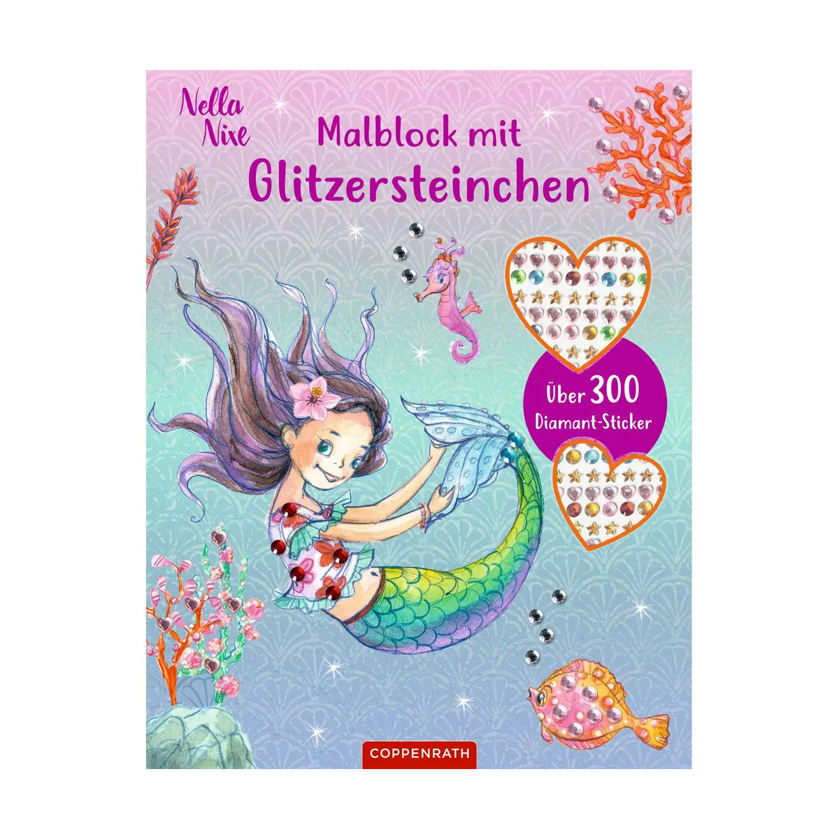 Malbuchcover mit Meerjungfrau, Meerestieren und Diamantstickern. Beschriftung auf Deutsch.