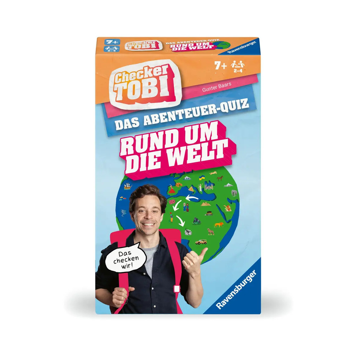 Box of Checker Tobi: Abenteuer-Quiz rund um die Welt mit lächelndem Mann, der auf einer Karte zeigt.