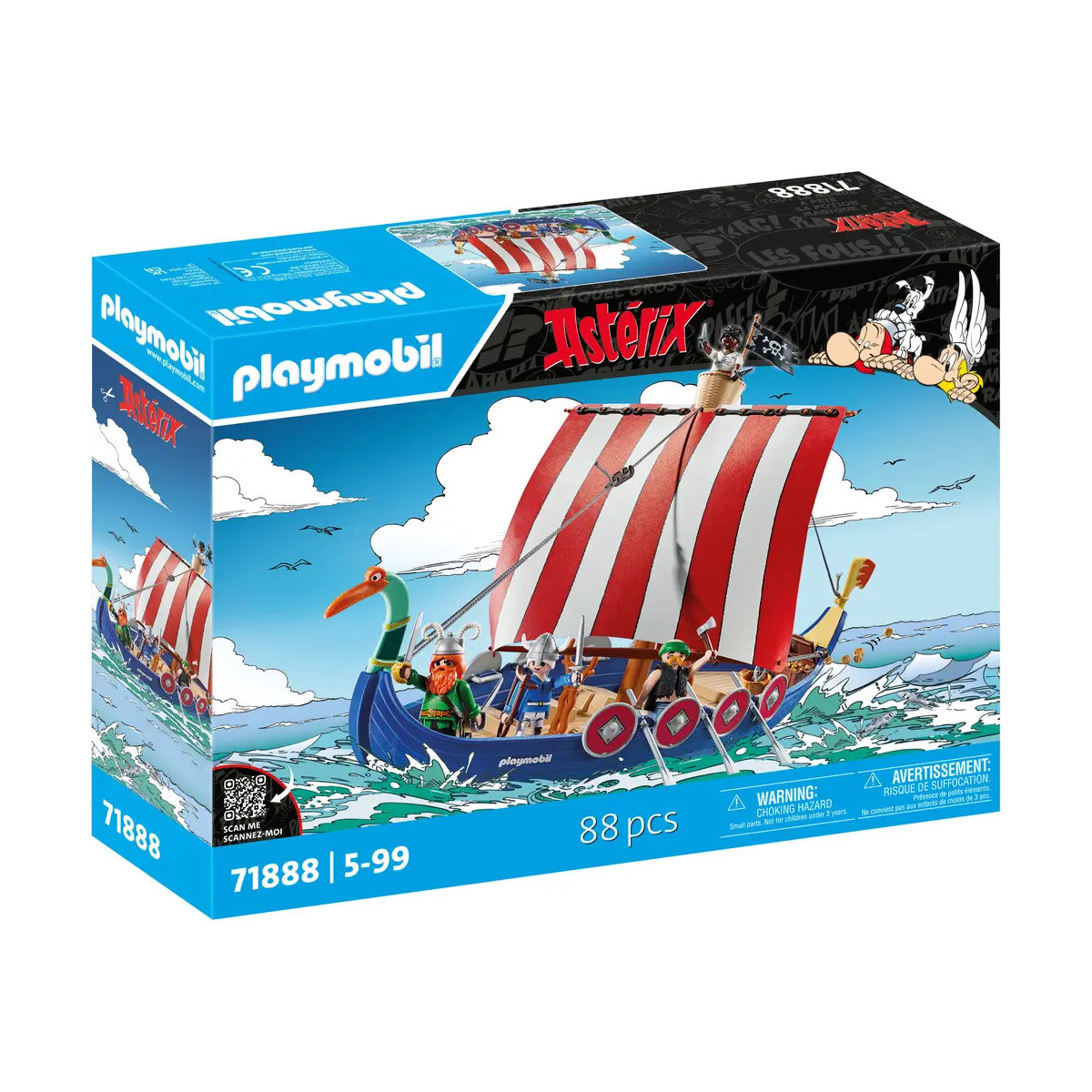 Playmobil Asterix-Set: Box mit Wikingerschiff (rot-weiße Segel) und Comicfiguren.