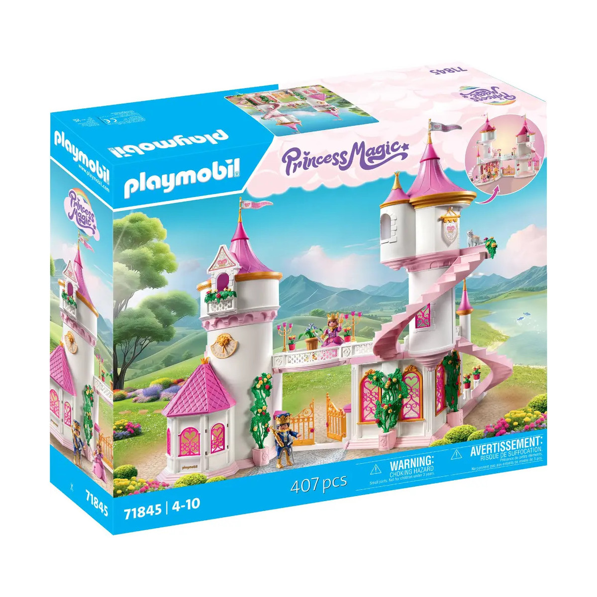 Playmobil Princess Magic Set mit 407 Teilen: rosa-weißes Schloss mit Türmen auf der Verpackung abgebildet.