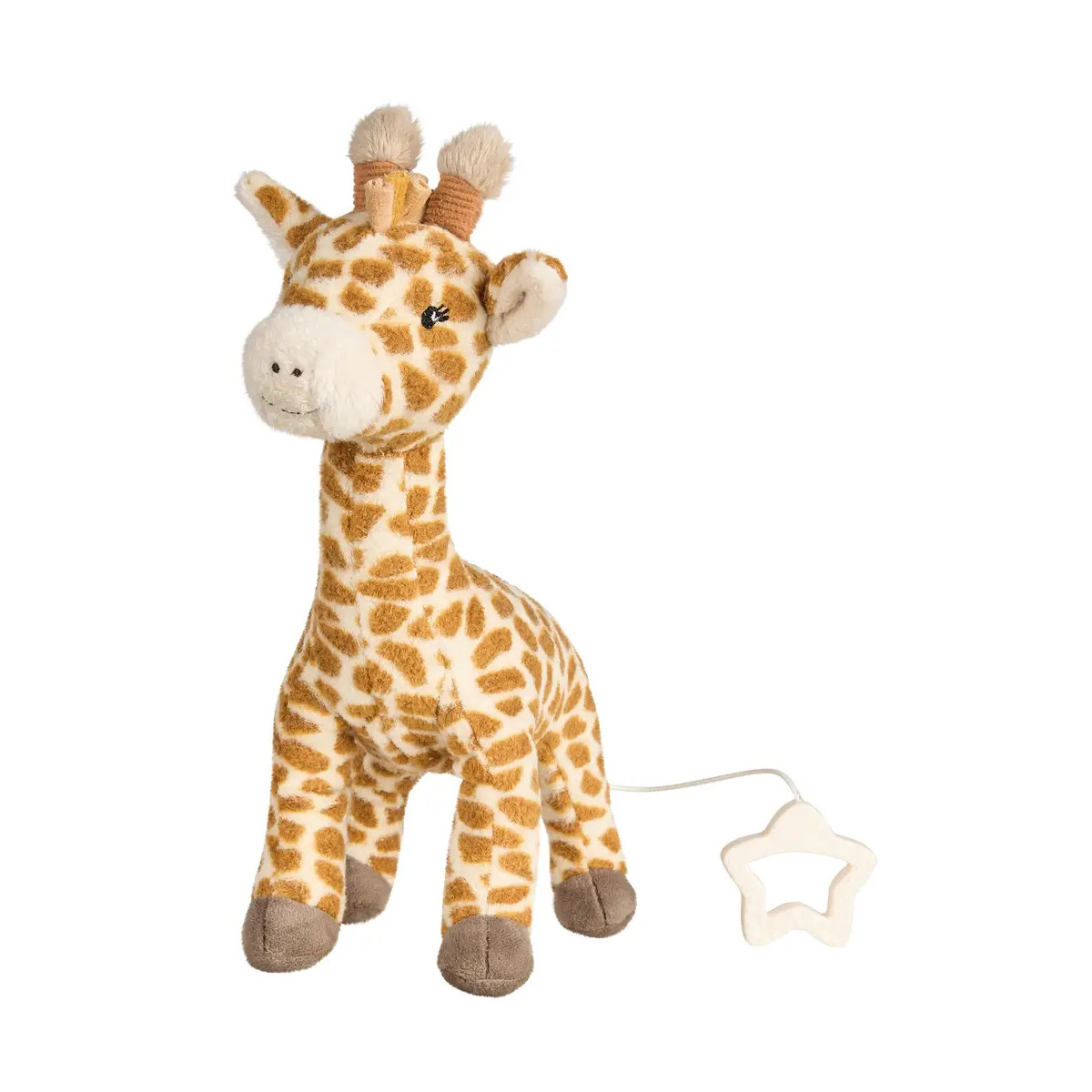 Plüschgiraffe mit braunen Flecken und Zugband, das an einem sternförmigen Griff befestigt ist.