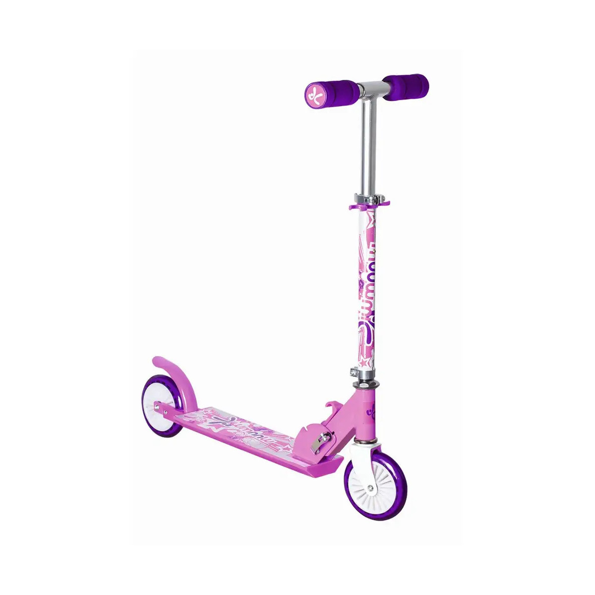 Pink-lila Tretroller mit weißen Akzenten, ideal für Kinder.