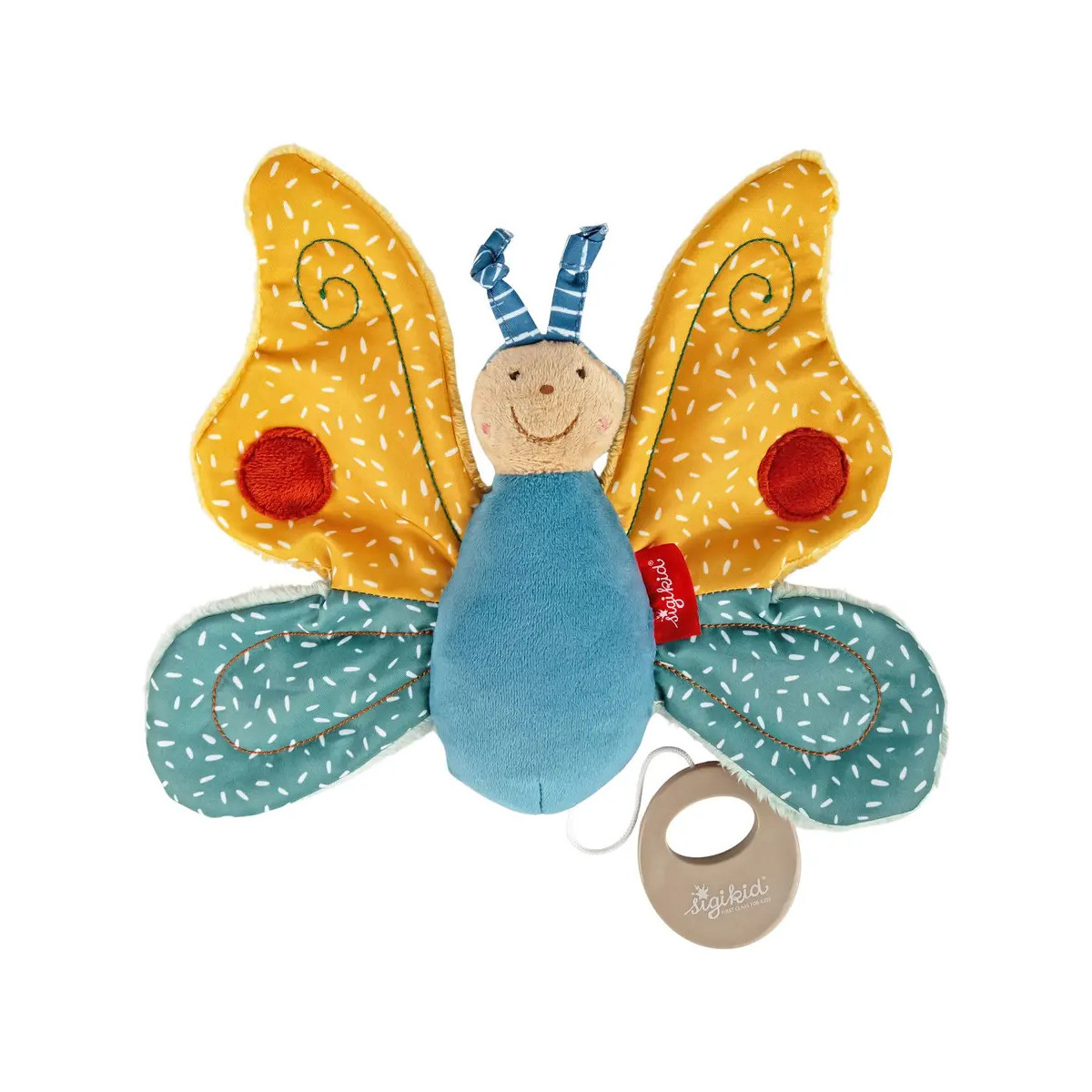 Plüsch-Schmetterlings-Babyrassel mit gelben und blauen Flügeln, lächelndem Gesicht und Zugring.