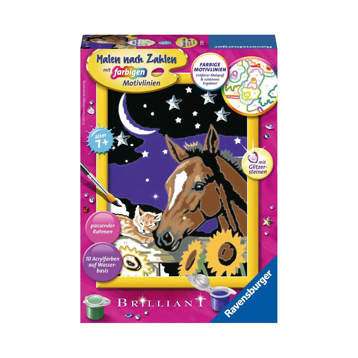 Ravensburger Malen-nach-Zahlen-Set mit Pferd, Katze und Sternenhimmel, ab 7 Jahren.