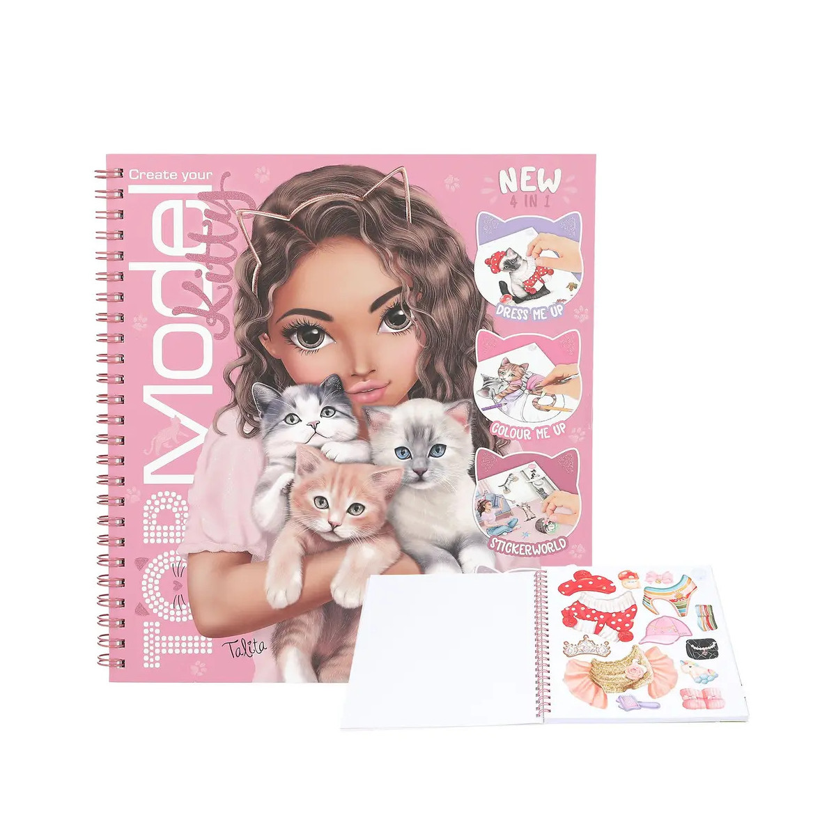 TOPModel Spiral-Skizzenbuch mit Mädchen und Kätzchen sowie offenem Notizbuch und Stickern daneben.