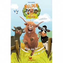 img_0:Illustrierter Umschlag: Drei Cartoon-Kühe, ein Vogel und der Titel "Helden der Weide" vor Hofkulisse.