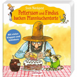 Illustration des Buchcovers „Pettersson und Findus backen Pfannkuchentorte“ mit Figuren und einer Torte.