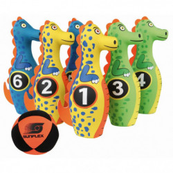 Sechs bunte Dinosaurier-Bowlingkegel mit Zahlen und eine rot-schwarze Sunflex-Kugel auf weißem Hintergrund.