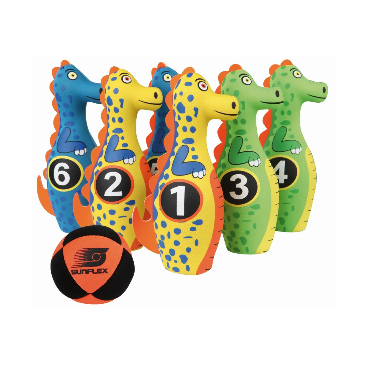 Sechs bunte Dinosaurier-Bowlingkegel mit Zahlen und eine rot-schwarze Sunflex-Kugel auf weißem Hintergrund.