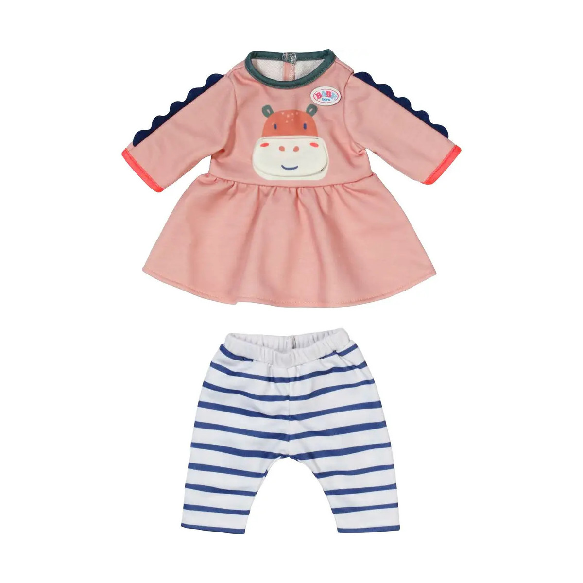 Pinkfarbenes Kleid mit Cartoon-Gesicht und dunkelblauem Saum, kombiniert mit weiß-blau gestreiften Leggings.