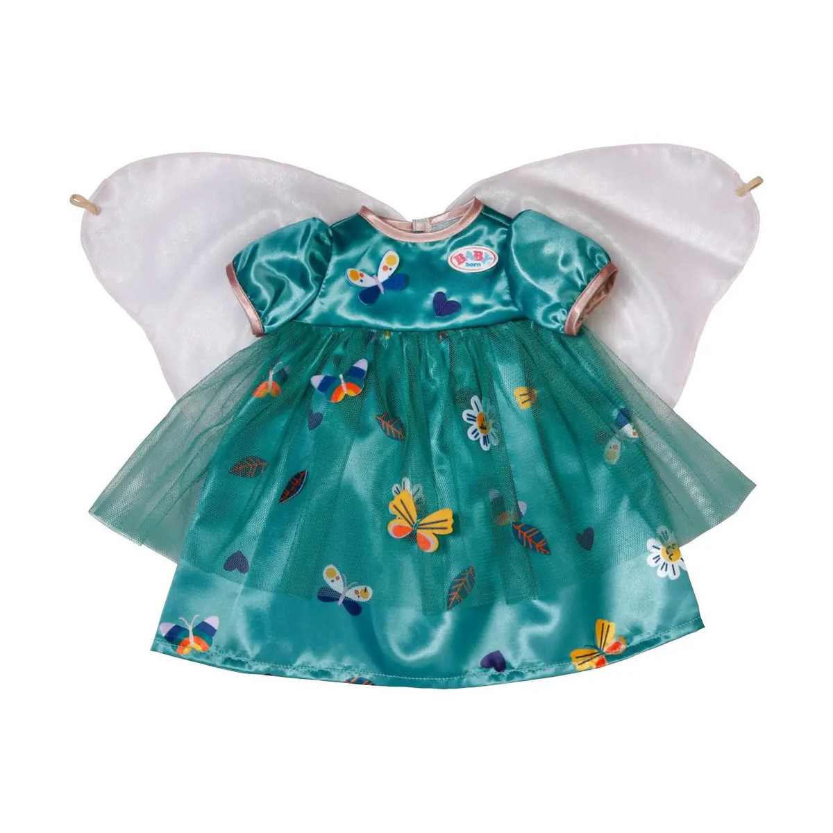 Türkises Puppenkleid mit Schmetterlings- und Herzmotiven, Tüllrock und weißen Feenflügeln am Rücken.