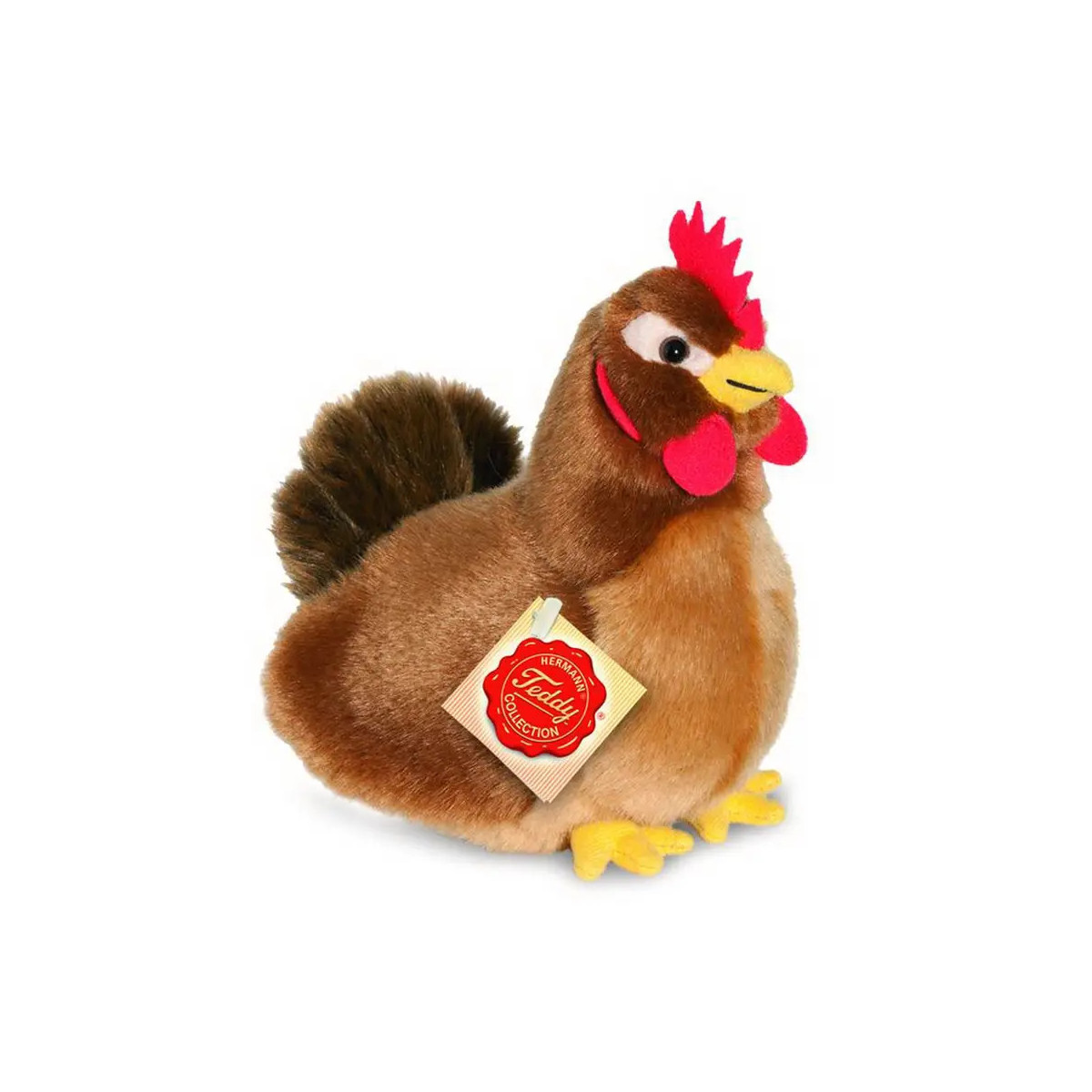 Braunes Plüsch-Huhn mit rotem Kamm, gelbem Schnabel und einem Etikett am Flügel.