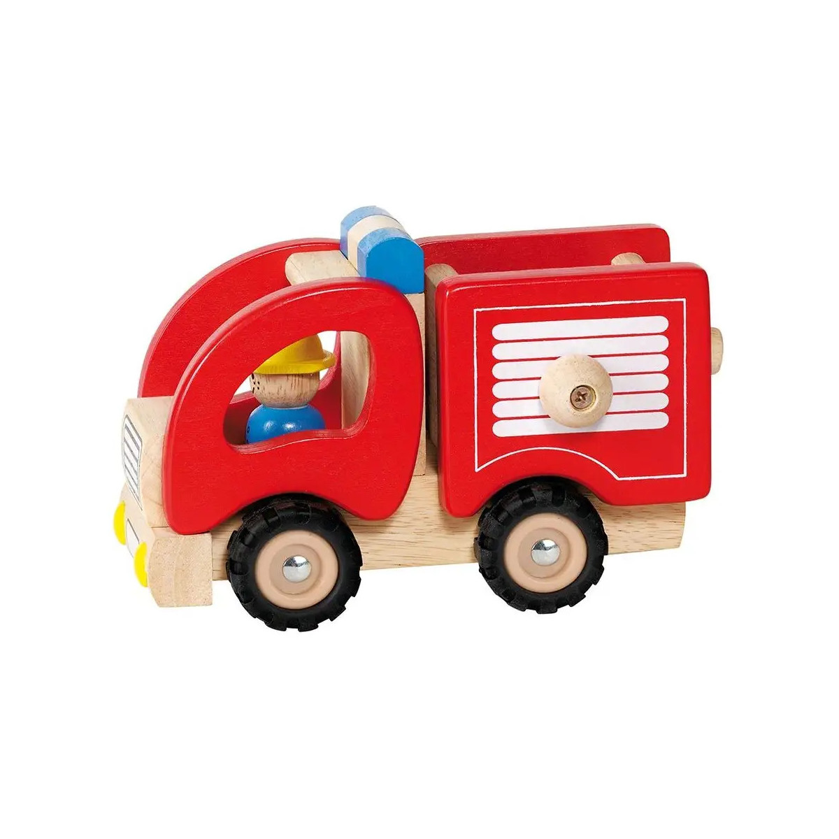 Holz-Spielzeug-Feuerwehrauto mit Fahrerfigur, rotem Aufbau, schwarzen Rädern und weißen Details.